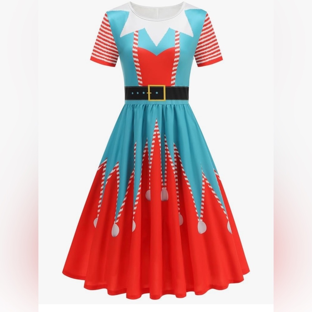 NWT- SM-Med- Festive Red and Blue Elf Dress